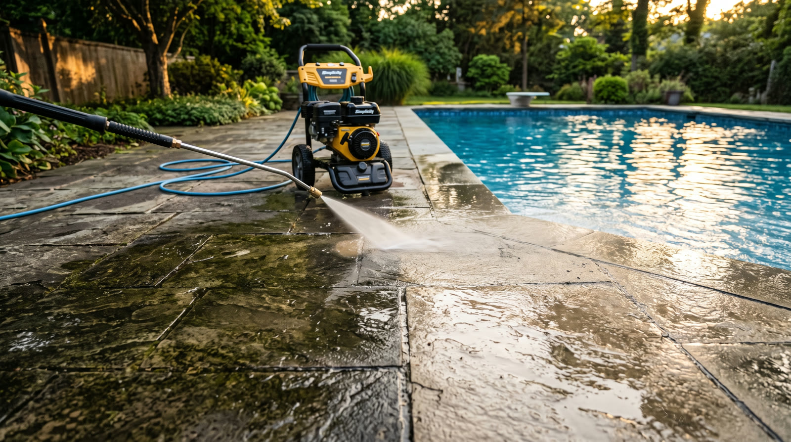 Pool deck pressure-washed clean beside a blue pool