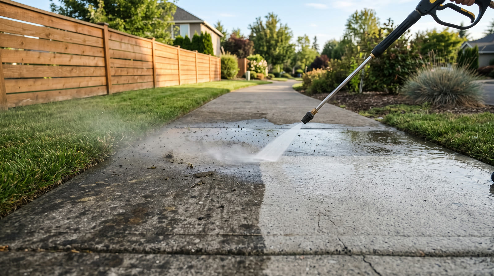 Sidewalk pressure-washed to a crisp clean line