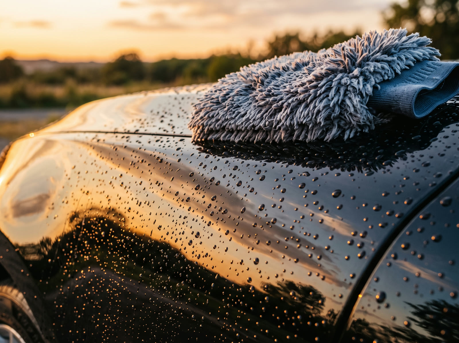 Glossy detailed car paint beading water at golden hour