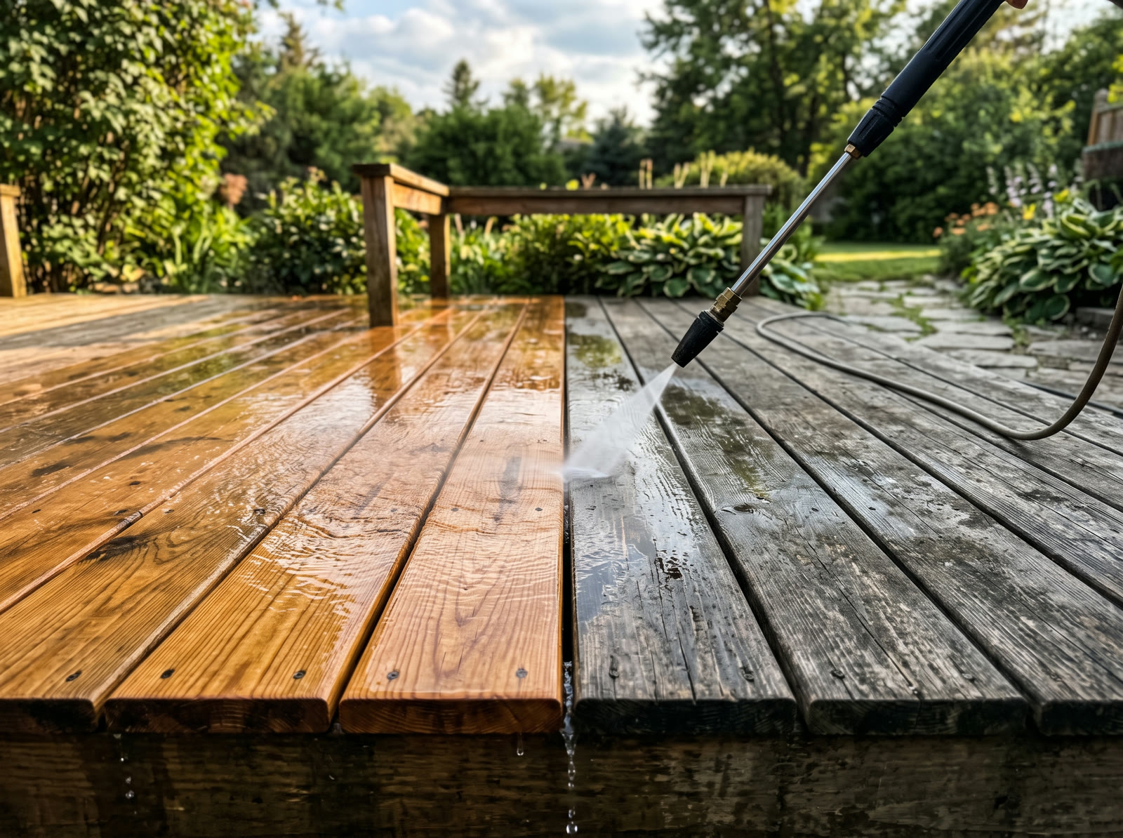 Wooden backyard deck half-restored by pressure washing