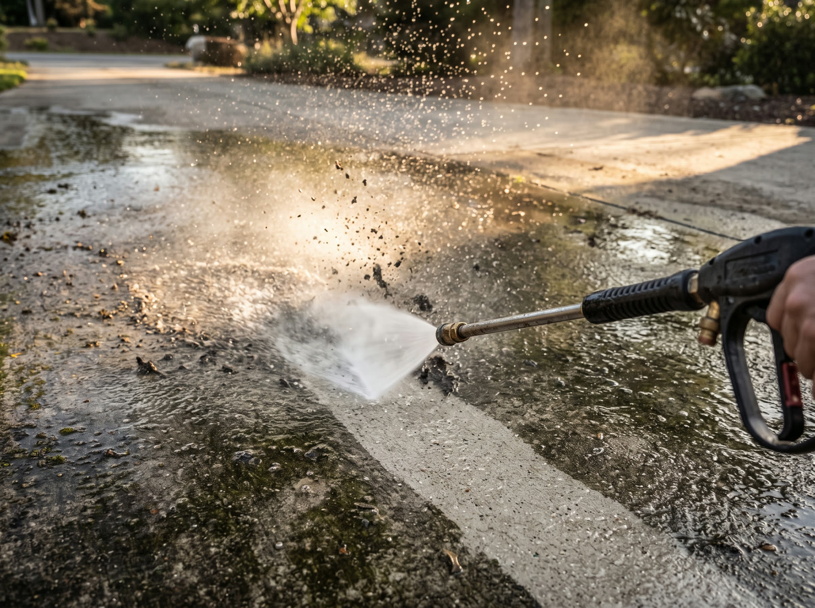 Pressure washer cutting a clean line across a concrete driveway